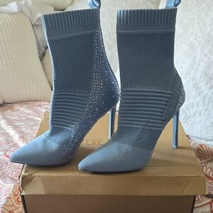 Steve Madden Dusty Blue Knit Pointed-Toe Stiletto Ankle Boots